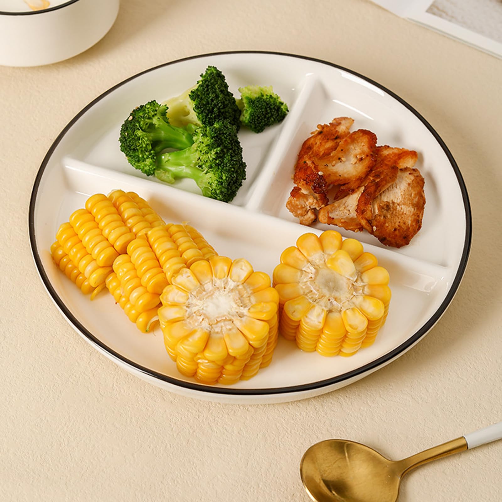 Divided Plates for Adults (2 Packs),Ceramic Portion Control Plate Sectioned with Dividers,Round 9 Inch 3 Compartment Food Separator Dinner Plates BPA Free Reusable Dishwasher Microwave Safe