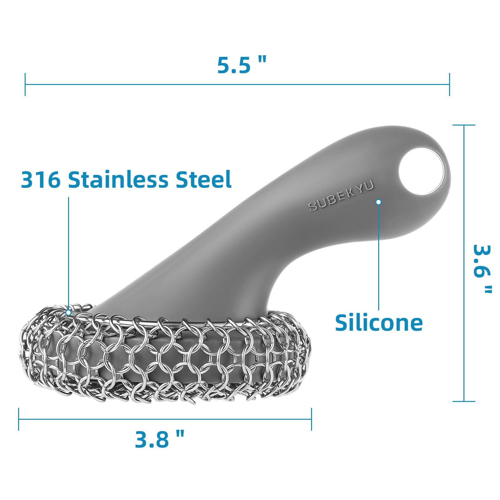 SUBEKYU Cast Iron Scrubber with Silicone Handle, Stainless Steel Cast Iron Skillet Cleaner Chainmail Scrubber for Pans, Grey