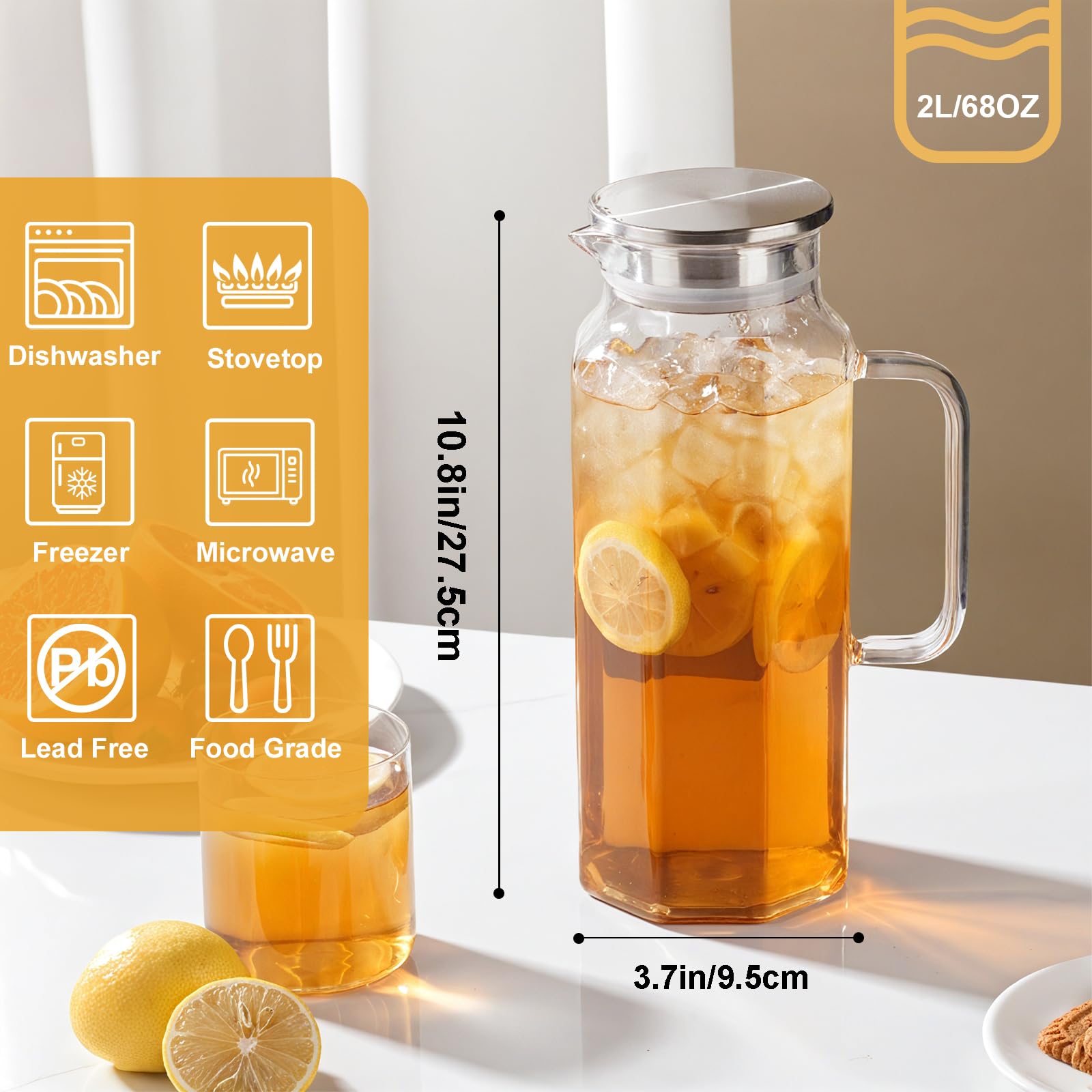 2 Pack 2 Liters/68 oz Octagon Glass Water Pitcher with Lid and Spout, Water Pitchers with Handle for Fridge, Borosilicate Glass Carafe for Hot/Cold Drink, Extra Large Jug for Iced Tea, Coffee.