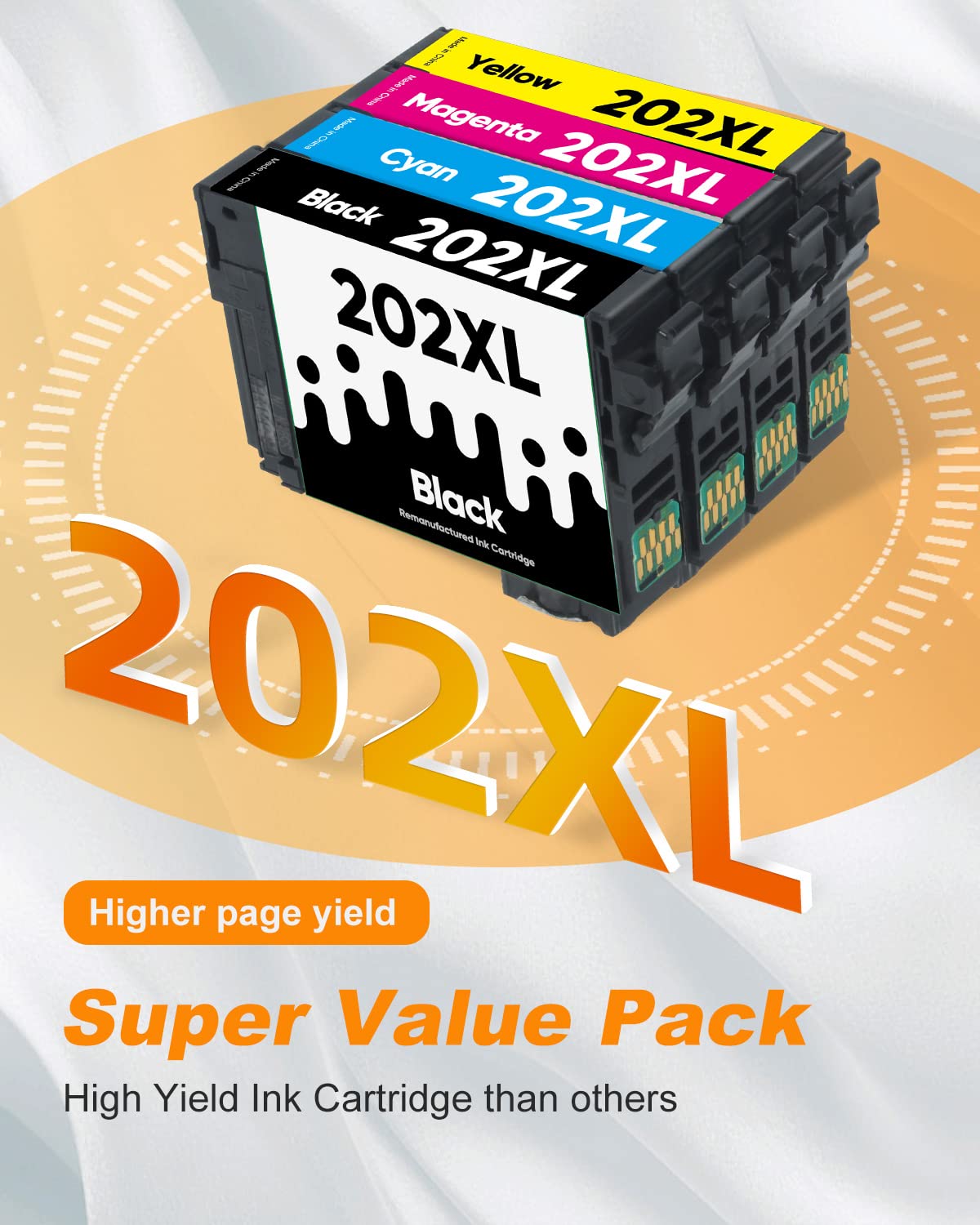 4 Pack 202XL Ink Cartridges Combo Pack Black & Color Remanufactured for Epson 202XL Ink Cartridges Claria T202 Works with Workforce WF-2860 Expression Home XP-5100 (Black, Cyan, Magenta, Yellow)