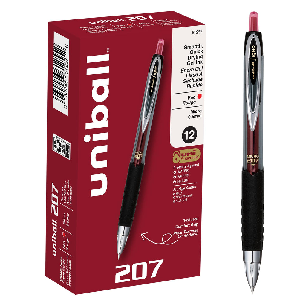 uni-ball 207 Rollerball Gel, Gel Retractable Roller Ball Pen Micro-0.5mm, 12 Pack, Red Ink (61257)
