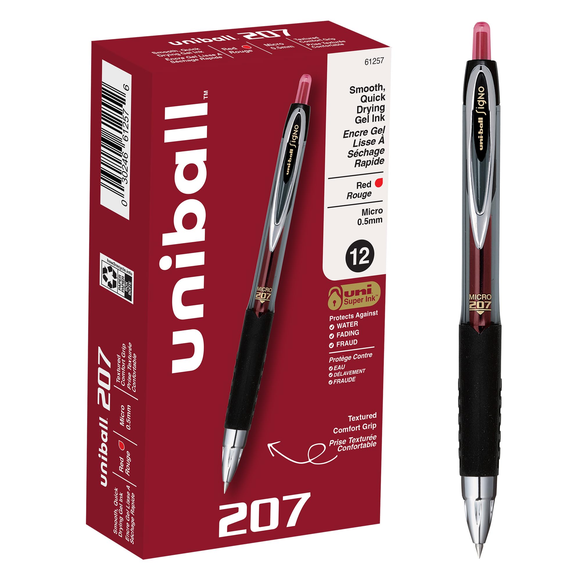 uni-ball 207 Rollerball Gel, Gel Retractable Roller Ball Pen Micro-0.5mm, 12 Pack, Red Ink (61257)
