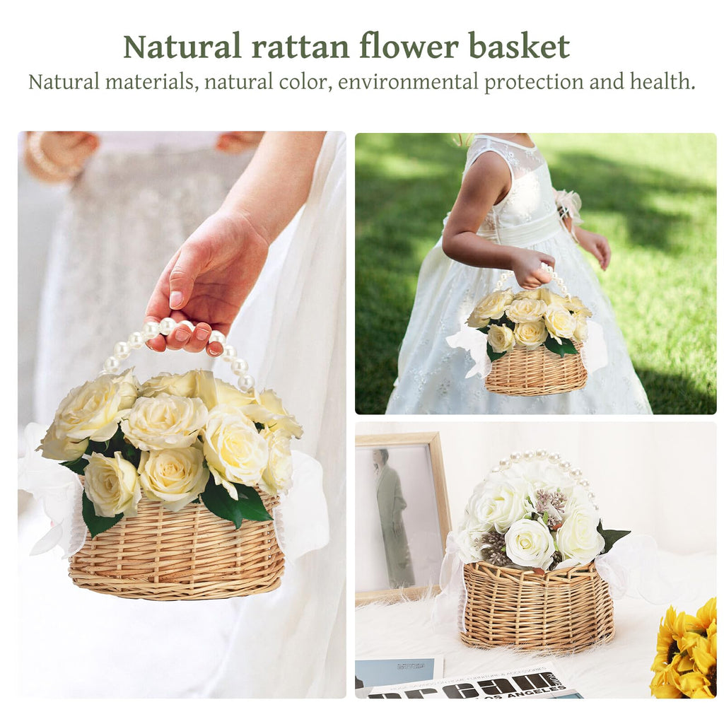 Wicker Rattan Flower Girl Basket Set of 2 Rustic Wedding Flower Girl Basket with Pearl Handle Small Flower Basket for Flower Girl Fairy Wedding Basket Handwoven Easter Baskets for Boys Girls Wedding