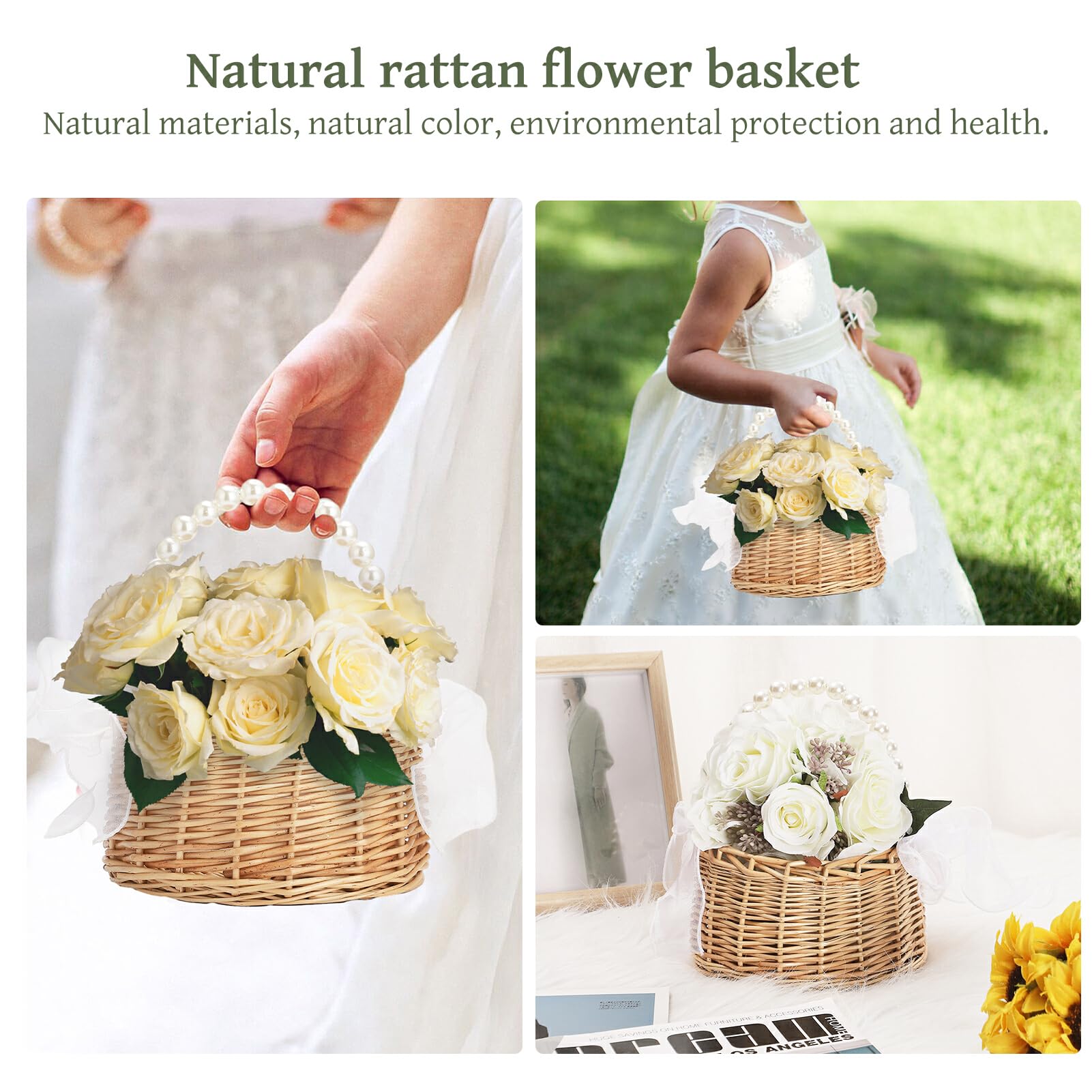 Wicker Rattan Flower Girl Basket Set of 2 Rustic Wedding Flower Girl Basket with Pearl Handle Small Flower Basket for Flower Girl Fairy Wedding Basket Handwoven Easter Baskets for Boys Girls Wedding