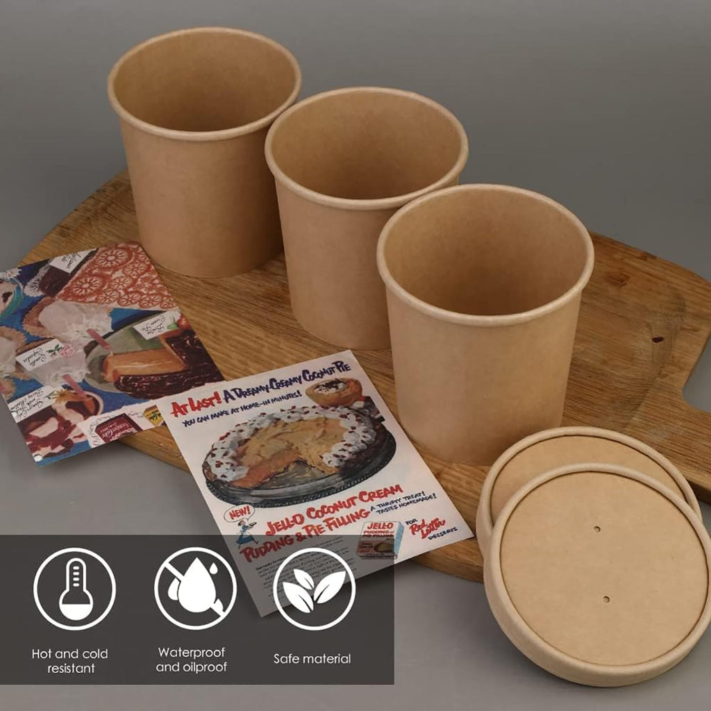 [25 Sets - 8 oz] Kraft Paper Food Soup Containers with Vented Lids, Microwavable Disposable Food Soup Bowls, Ice Cream Cups, Great for Restaurants - Extra 30 Hand Made Self-adhesive Labels