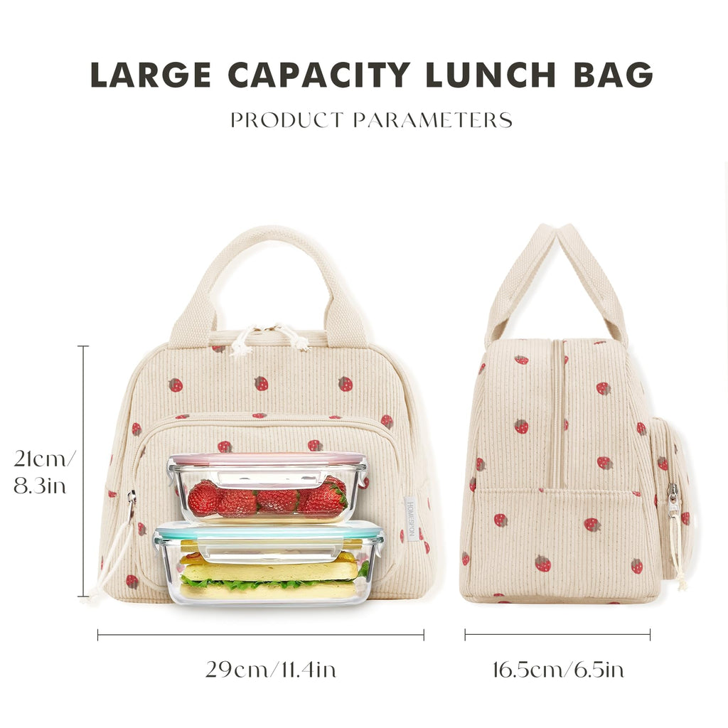 HOMESPON Lunch Bag for Women Men Adults with Front Pocket Cute Corduroy Insulated Lunch Tote Large Capacity Lunch Box Cooler Container for Work Picnic or Travel (Strawberry Beige)