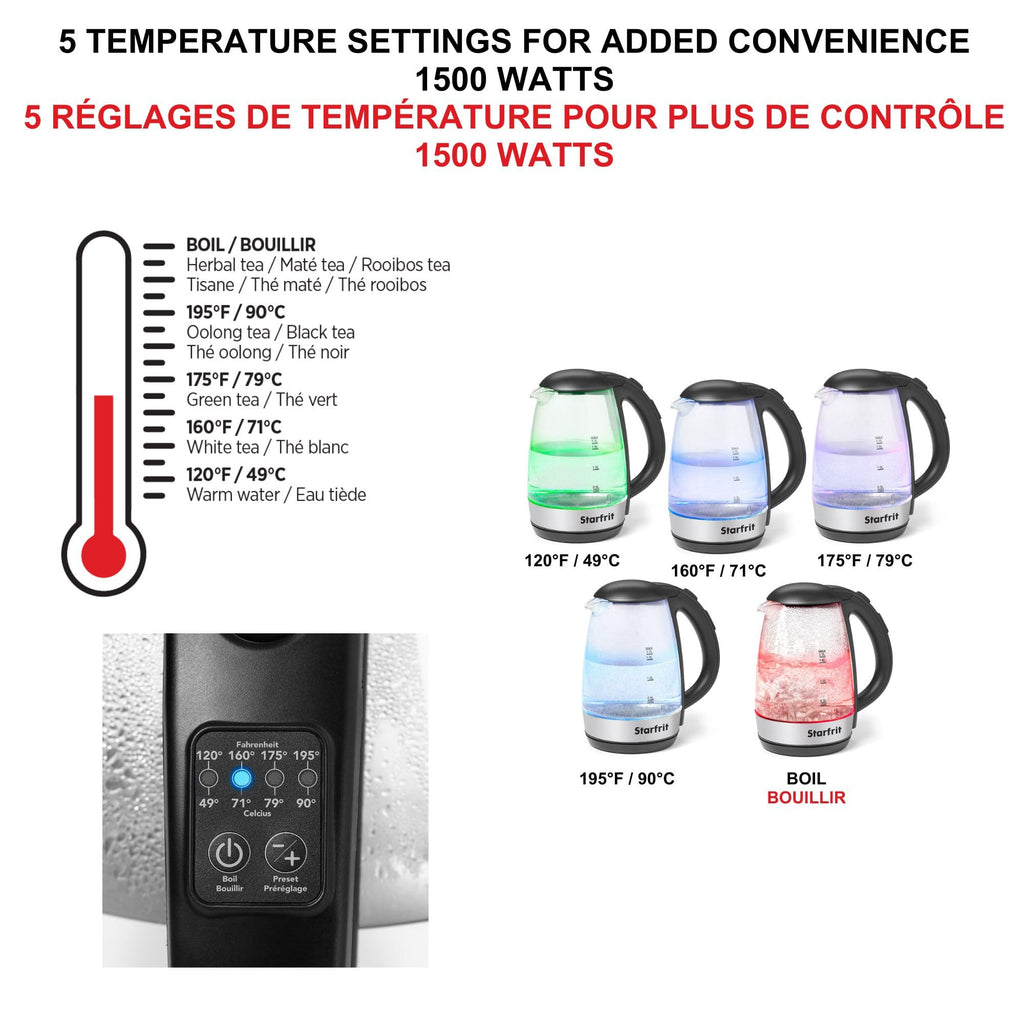 Starfrit Electric Variable Temperature Control Glass Kettle - 1.7L - 5 Preset Temperature Settings - 1500W