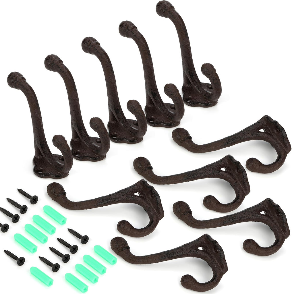 Peohud 10 Pack Cast Iron Coat Hooks, Rustic Wall Mounted Coat Hooks, Farmhouse Coat Hangers, Heavy Duty Cast Iron Hooks, Double Rustic Wall Hooks for Hanging Coats, Bags, Caps, Hats, Towels, Keys