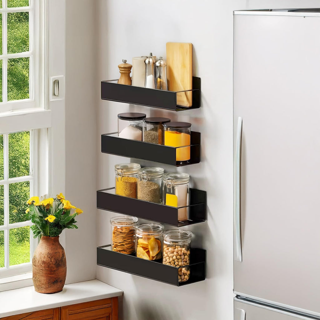SYLLENHOD Kitchen Spice Rack for Wall: 2 Packs Black Adhesive Spice Racks Wall Mount - 11.8" Large Hanging Storage Organizer Cabinet Without Drilling for Smooth Wall - Work Room Bathroom Shelves