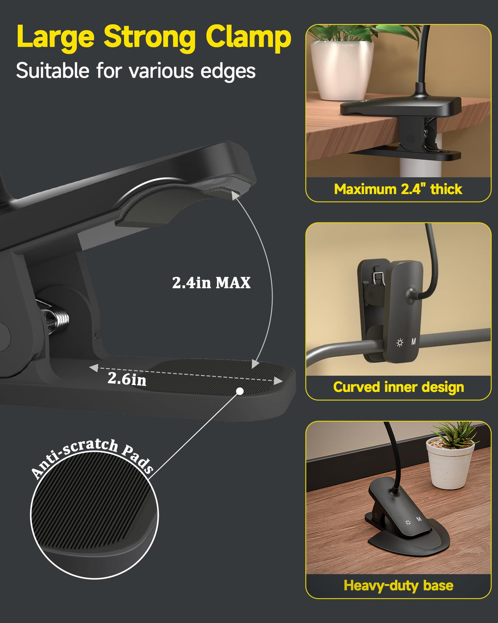 CUHIOY Desk Lamp Clip on Reading Light, USB-C Battery-Operated Rechargeable Table Lamps with Clamp for Dorm Home Office, 38LEDs Bed Headboard Light, 5 Colors 5 Brightness, Flexible Gooseneck（Black）