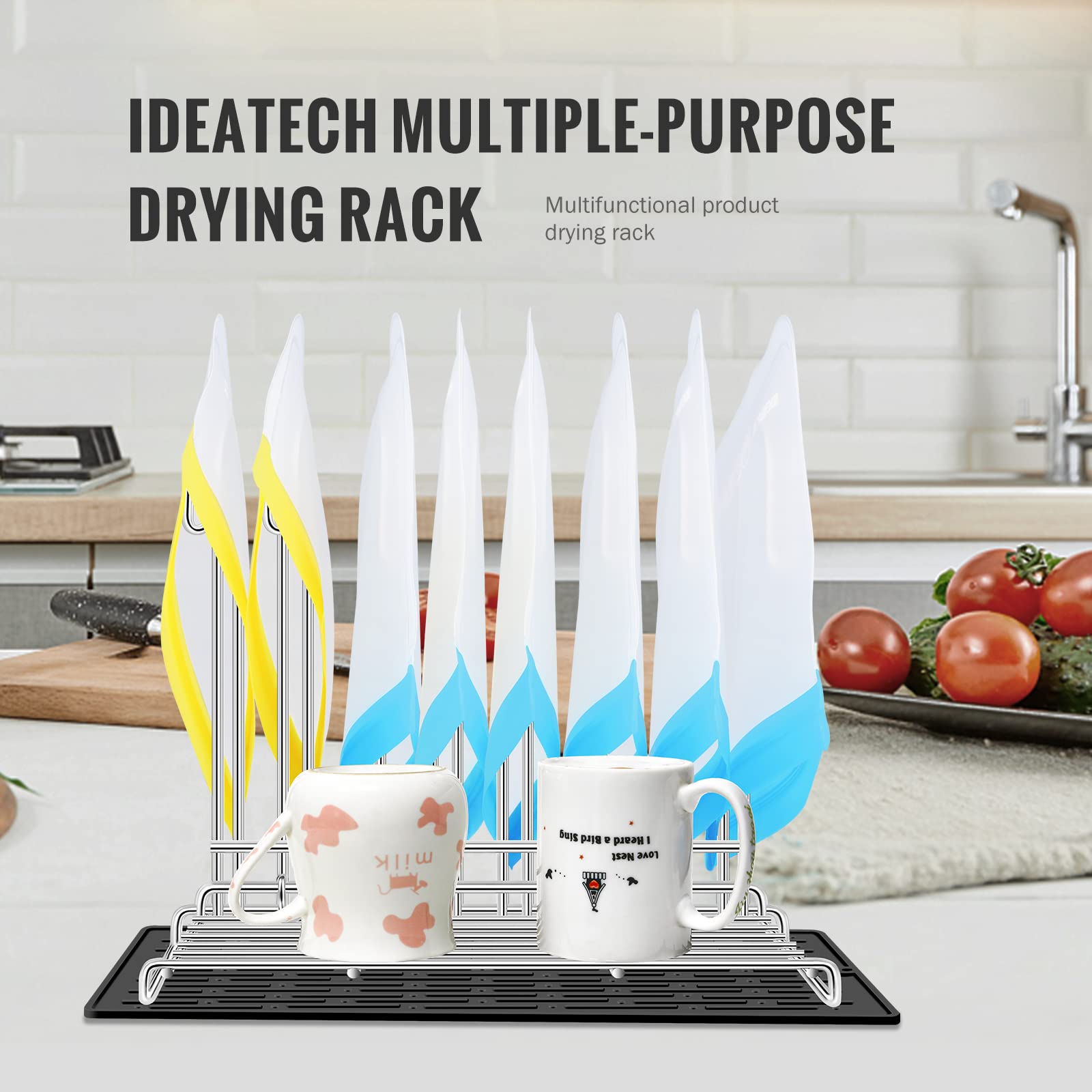 IDEATECH Reusable Bag Rack with Cup Drying Mat,Plastic Bag Dryer Rack Dish Drying,Collapsible Kitchen Counter Storage Organizer Sponge Holder for Silicone Storage Bag,Kitchen Must Have