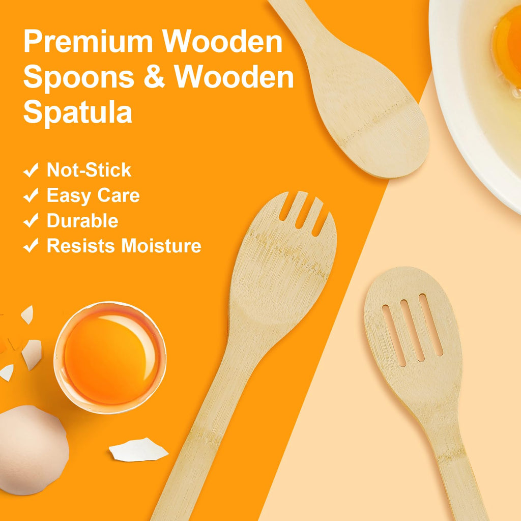 Puluole Wooden Utensils for Cooking - 6 Piece Wooden Spoons for Cooking,Premium Wood Spatula for Cooking,Non-Stick Wooden Cooking Utensil Set,Organic Bamboo Utensils,Kitchen Gifts for Women