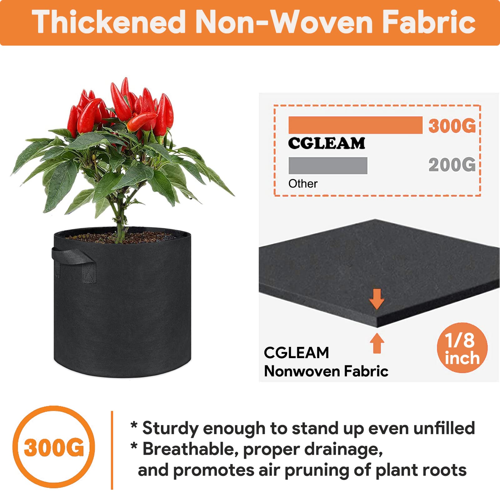 Grow Bags 5 Gallon 5 Pack Fabric Pots 300g Heavy Duty Thickened Nonwoven Plant Grow Bags with Handles for Vegetable Tomato Potato Fruits Flowers Garden Pots for Plants Indoor Outdoor(12" Dia x 10" H)