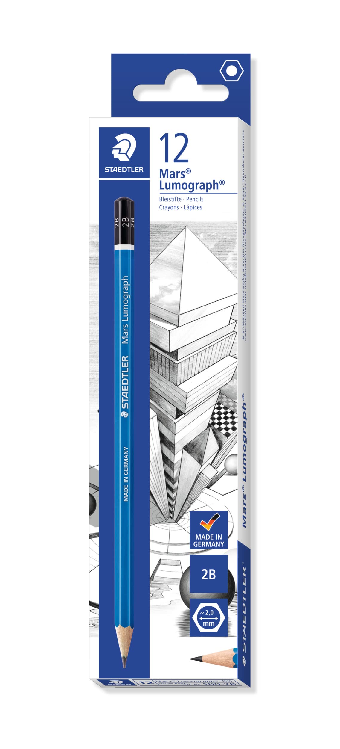 STAEDTLER Mars Lumograph 2B Graphite Art Drawing Pencil, Medium Soft, Break-Resistant Bonded Lead, 12 Pack, 100-2B (100-2B VE)