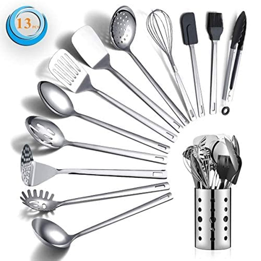 Stainless Steel Cooking Utensils Set, Berglander 13 Pieces Kitchen Utenisls Set, Kitchen Tools Set with Utensil Holder Non-Stick and Heat Resistant,Dishwasher Safe, Easy to Clean (13 Packs)