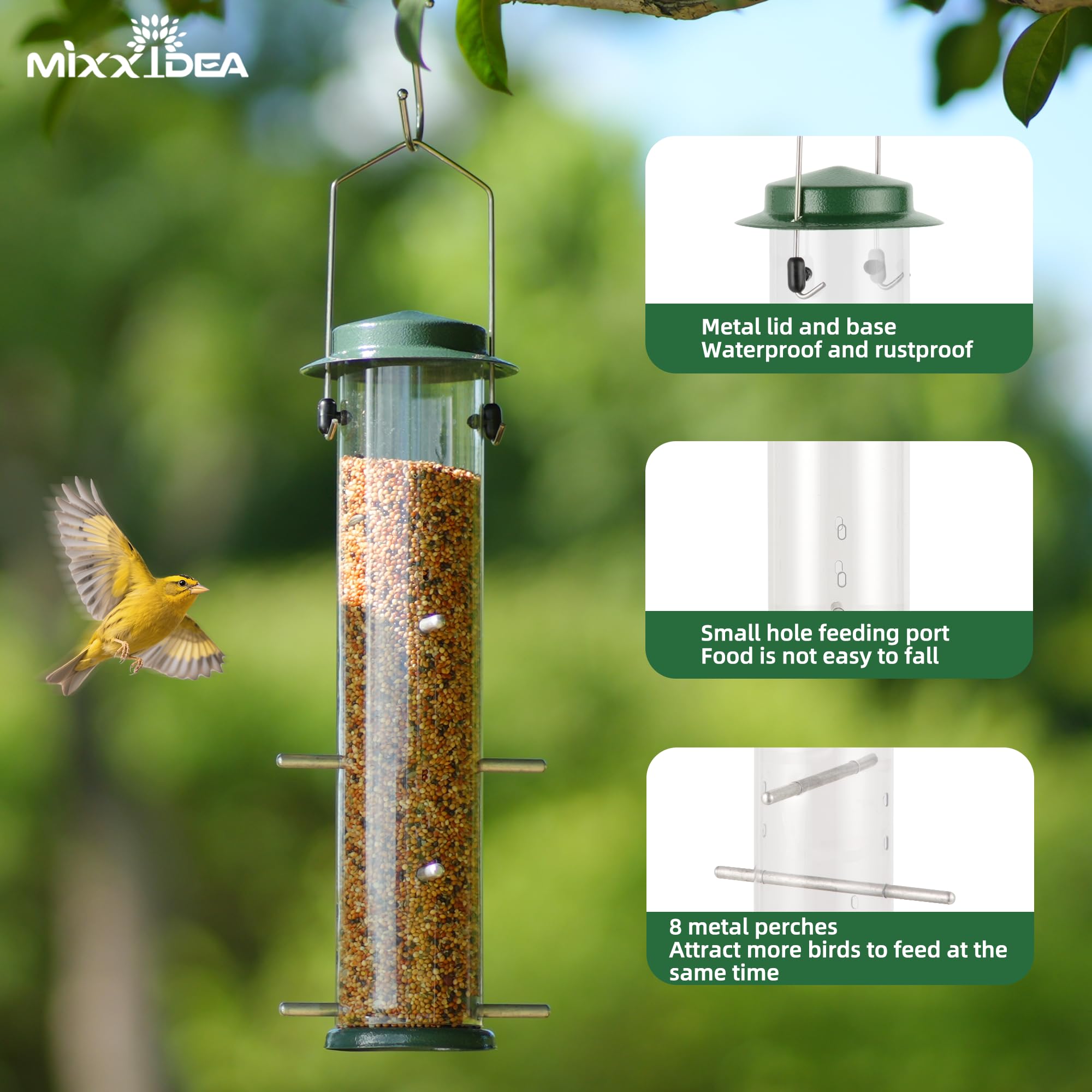 MIXXIDEA Finch Bird Feeder Hanging Metal Thistle Seed Feeder with 8 Feeding Ports Nyger Seed Feeder, Goldfinch Feeder for Outdoors Garden Green