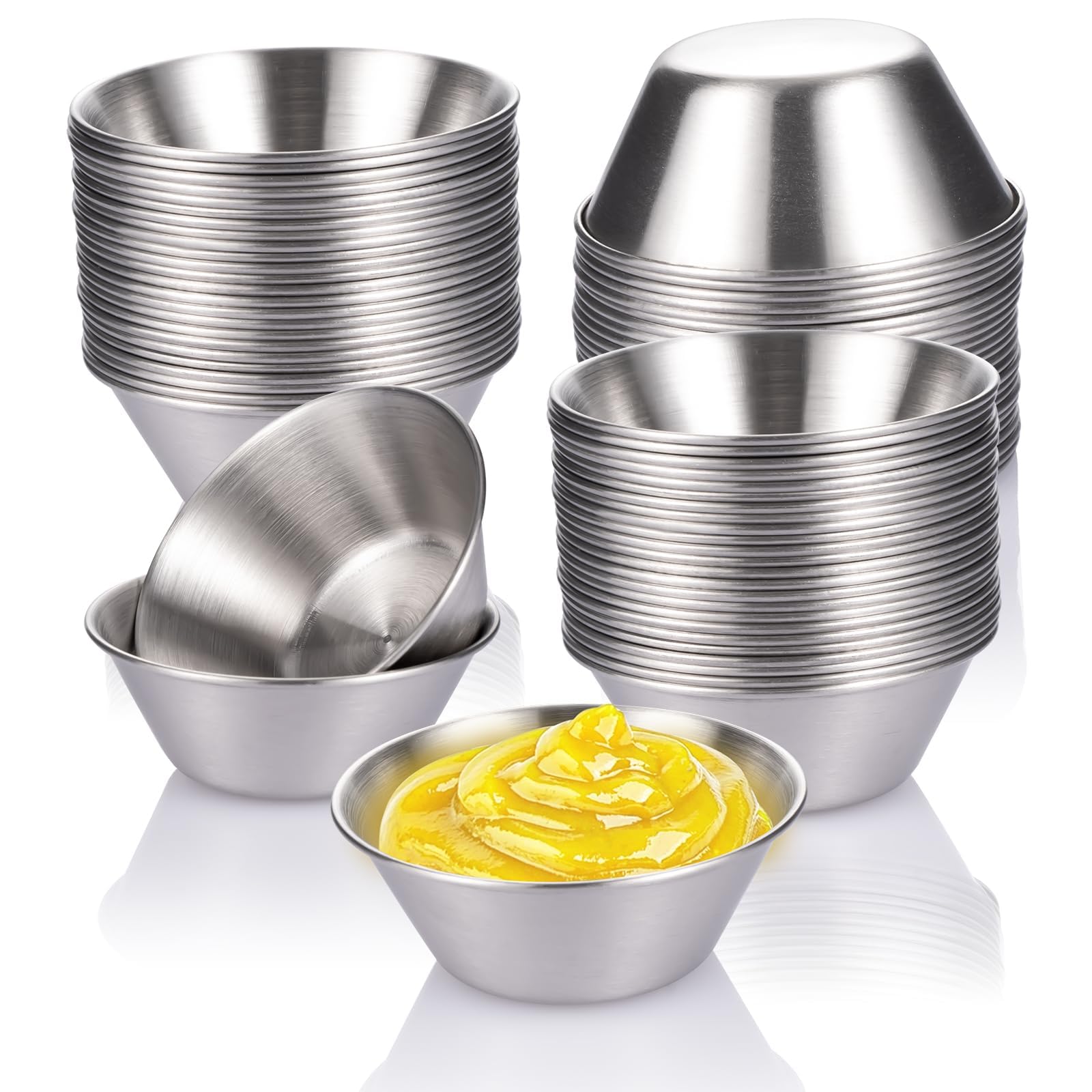 Witheeyou 50 Pack Stainless Steel Sauce Cups, 1.7 oz/50ml Reusable Dipping Sauce Cups, Commercial Grade Round Metal Ramekins, Stackable Individual Condiment Container for Restaurants, Kitchen, Party