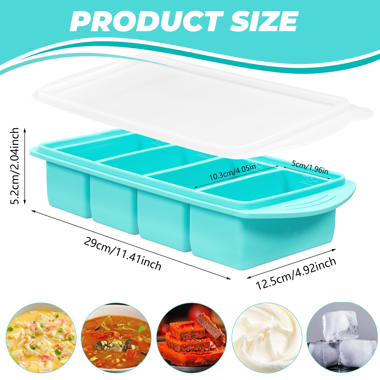 Soup Freezer Container, 2 Packs Silicone Freezer Mould with Lid, Large Ice Cube Tray, 4-Compartment Meal Prep Food Soup Storage Containers, Blue (4-Compartment-2Pc)