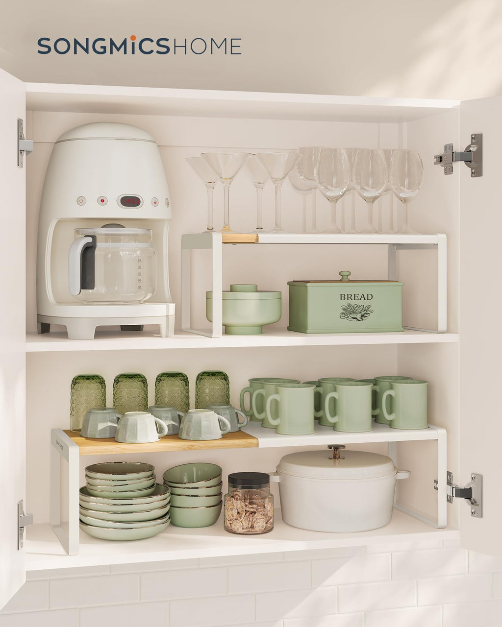 SONGMICS HOME Spice Racks, Expandable Cupboard Shelf Orgnizers, Kitchen Counter Shelves, Bamboo and Metal, Space-Saving Shelving, Stackable, Natural Beige and Cream White UKCS051N01
