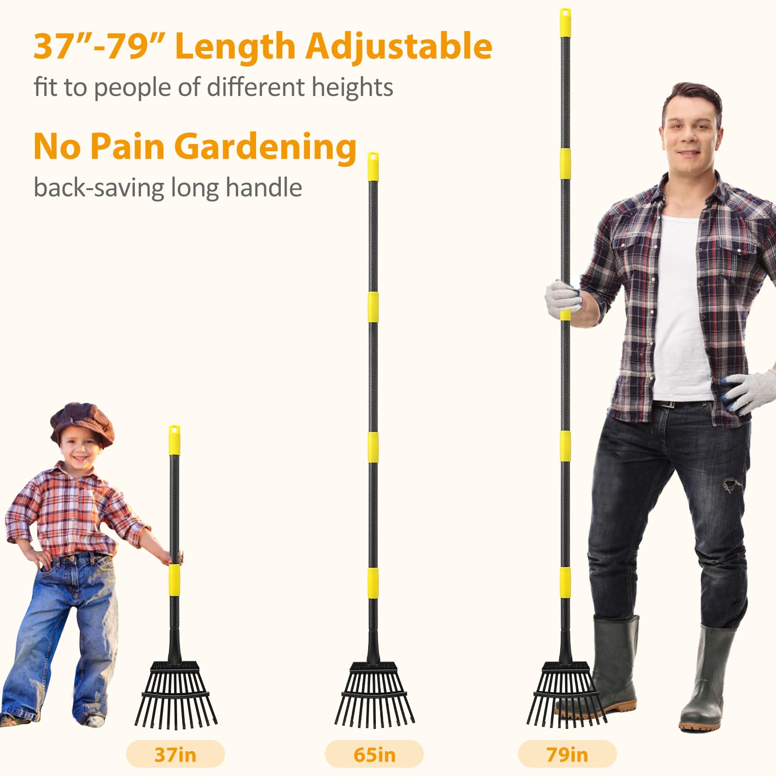 Rake for Leaves, Leaf Garden Rake, Yard Rakes for Lawns Heavy Duty, Metal Tools with 9" Small Narrow Rake Head, 37”-79” Adjustable Long Handle, 11 Steel Tines, Quick Clean up Rake for Shrub, Camping