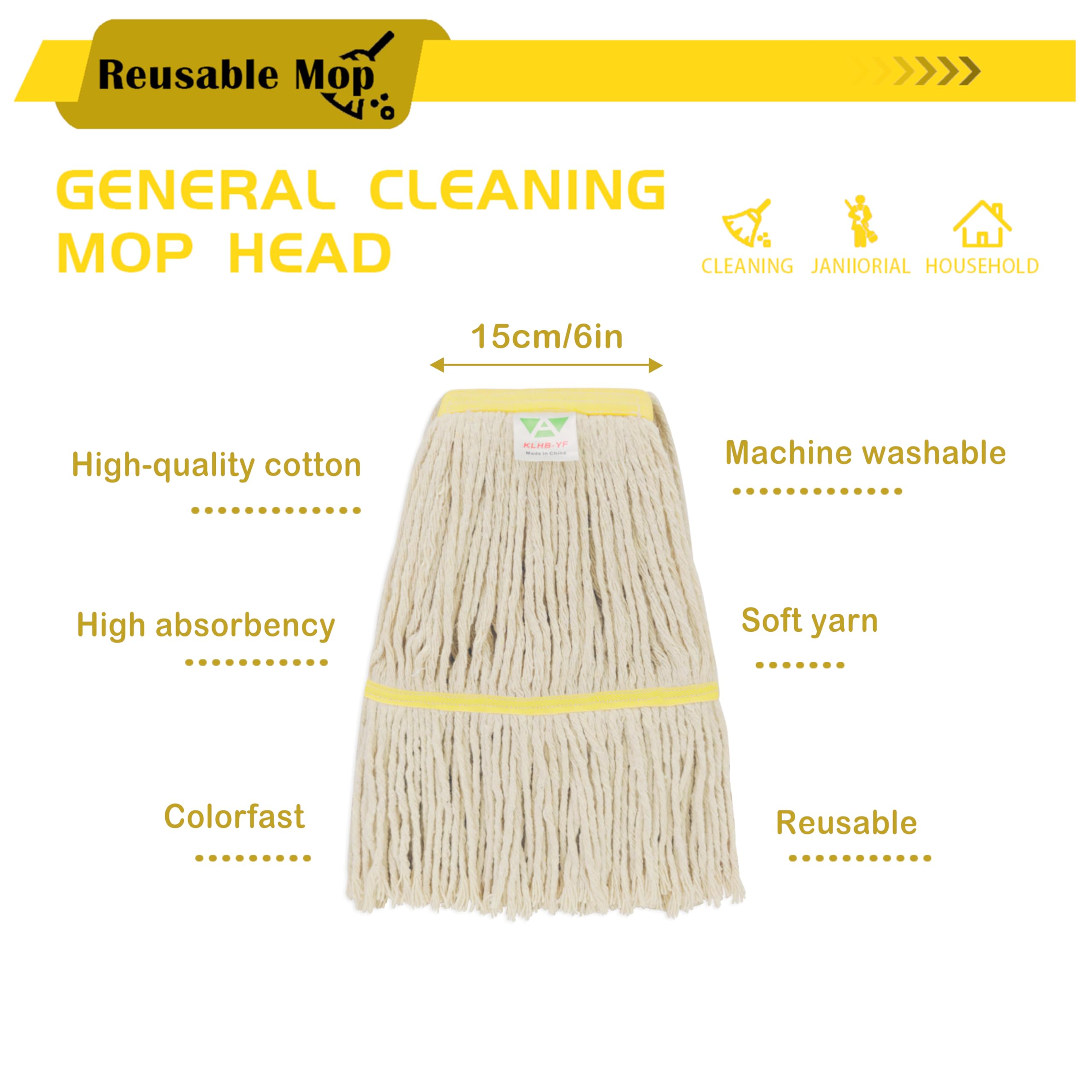KLHB-YF 16oz Commercial & Industrial Mop Head Replacement - All-Purpose Mop Heads for Floor Cleaning Stronger Fastness Good Water Absorption Effect Long Service Life Can be Matched with Most Mop Holders on the Market (White, 3PC)