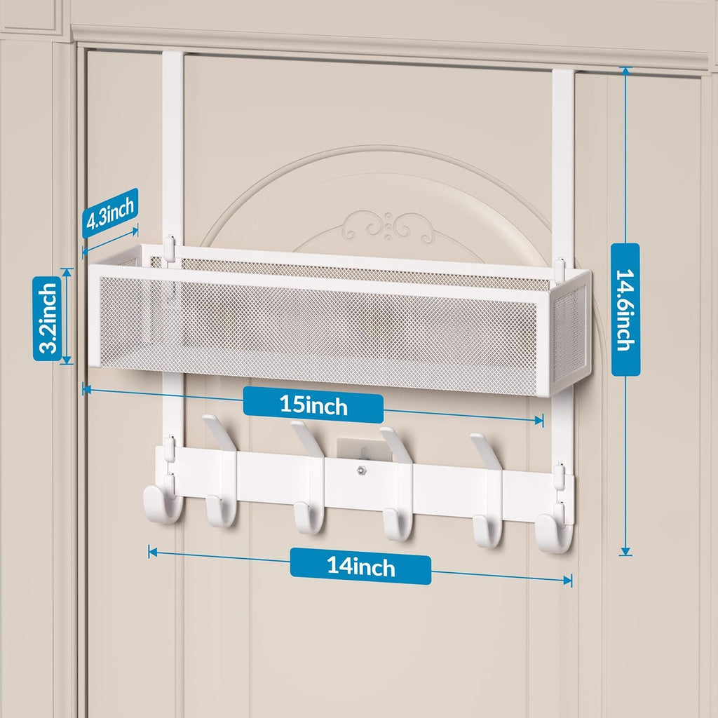 Aimeaihe Over The Door Hooks, Door Hanger Towel Rack with 10 Coat Hooks & A Mesh Basket, Over Door Organizer for Bathroom, Bedroom, Kitchen, Office, Door Storage Hanging Bags, Hats, Purses White