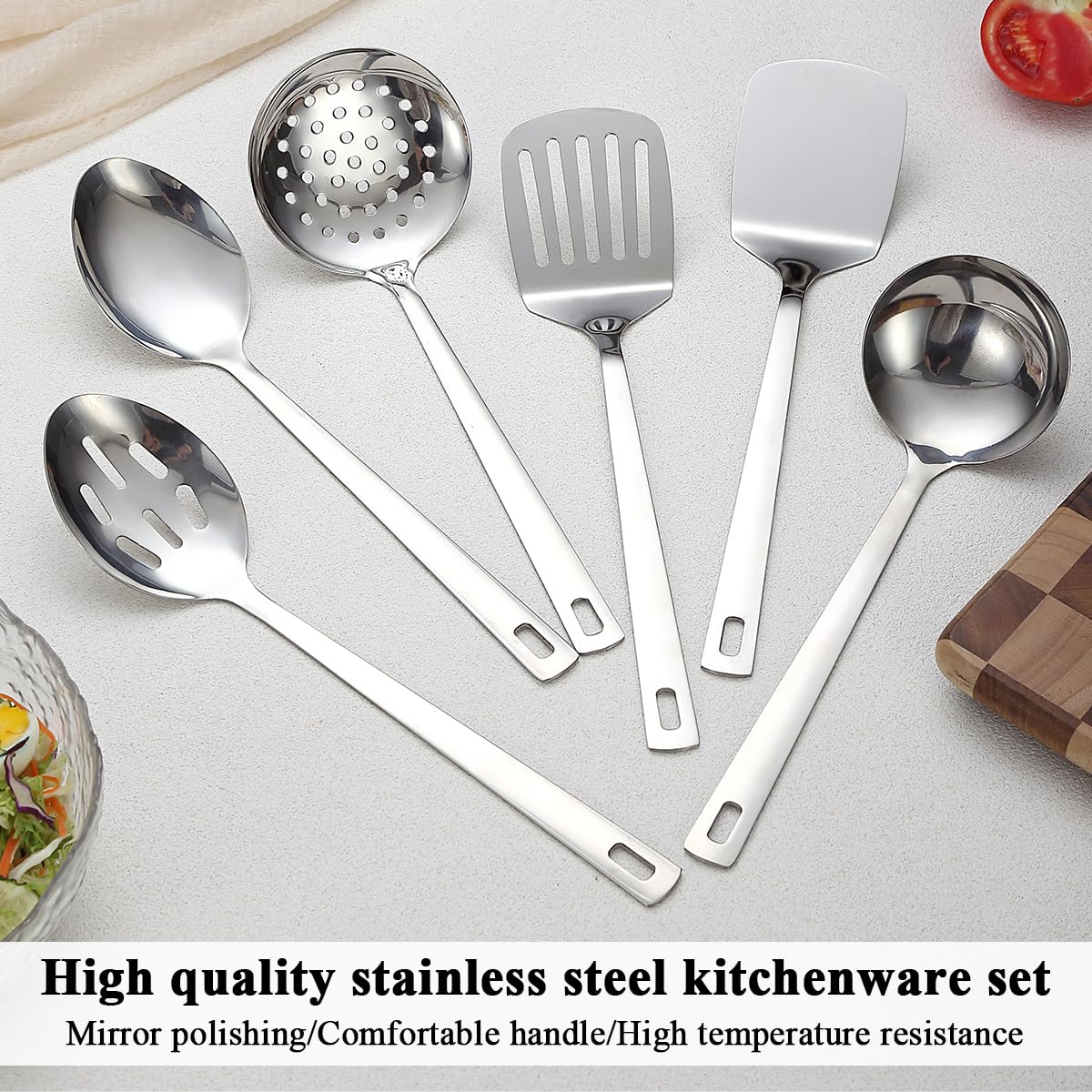 Evanda 6-Piece Modern Stainless Steel Cooking Utensils Set, Heavy Duty Kitchen Tools, Spatulas, Slotted Spoon, Ladle, Skimmer, Home Essentials Kitchen Gadgets Accessories