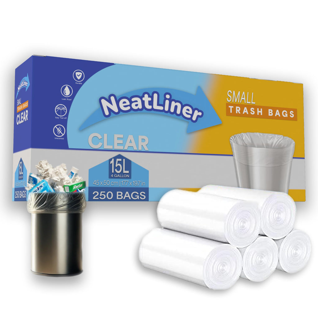 NeatLiner 250 Count 15L Clear Small Garbage Bags – 4 Gallon Trash Bags for Bathroom, Office, Bedroom, Pet Waste – Durable, Unscented, Leak-Resistant Liners