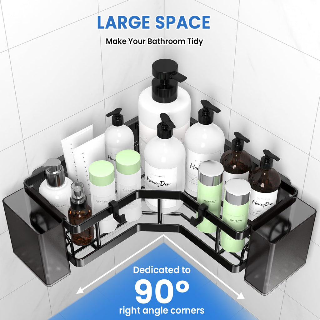 PKBD Corner Shower Caddy 3 Pack, Shower Shelves No Drilling, Rustproof Stainless Steel Bathroom Organizers with Soap Holder, Hooks & Toothpaste Holders, Black