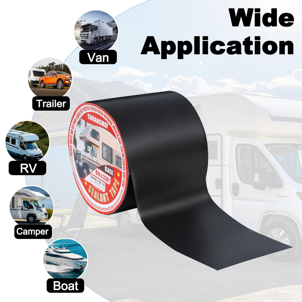RV Roof Tape Black, 4" x 33' Automotive Butyl Sealant Tape for Processing, UV Resistant, Waterproof, Used for RV Roofs, Campervans, Trailers, Boat Seal Leak Repairs, Windows, Headlights, Windshields