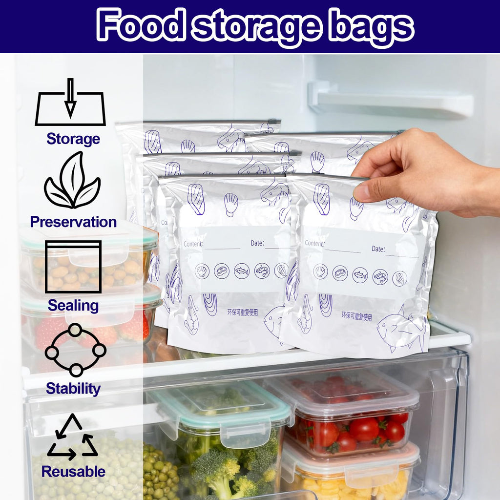 30pcs Aluminum Foil Reusable Sealable Storage Bags, 3 Sizes Resealable Vacuum Zipper Bags with 2 Pen Freezer Zip Lock Organization with Labels for Food Vegetables Meat Fruits