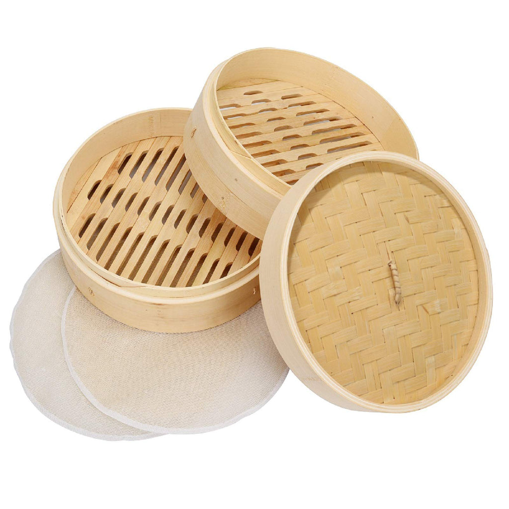 Bamboo Steamer 10 Inch, 2 Tier Steamer Basket & Lid, Dumpling Steamers, Dim Sum Chinese Steam Baskets with Round shape Mesh Non-stick Pad, Steaming for Vegetables, Bao Bun, Rice, Chicken, Fish & Meat