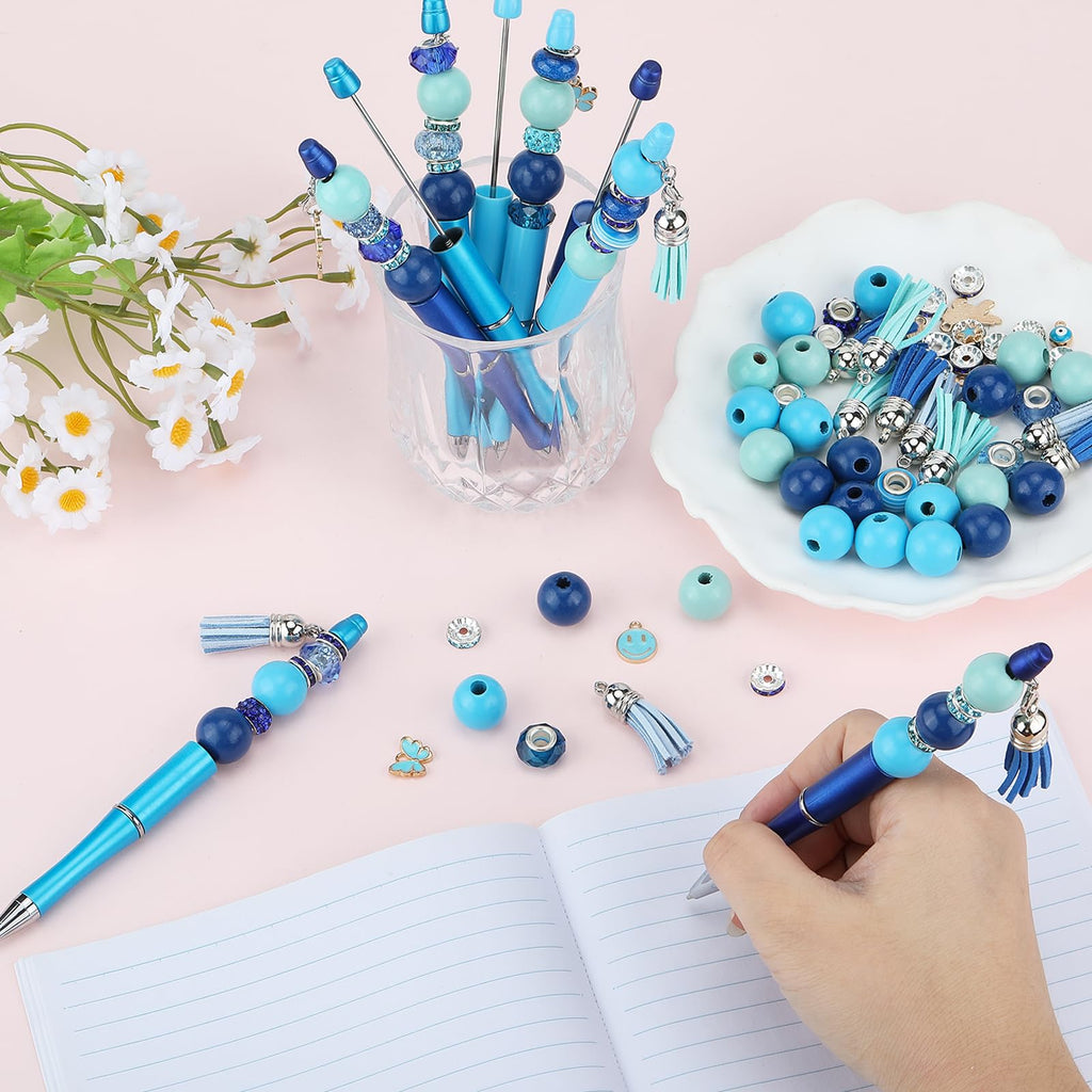 HUAAPLEVLA 12pcs DIY Beadable Pens Bulk Pens for Beads Beaded Pen Kit for Students Teacher Office Supplies DIY Making Gifts(Blue)