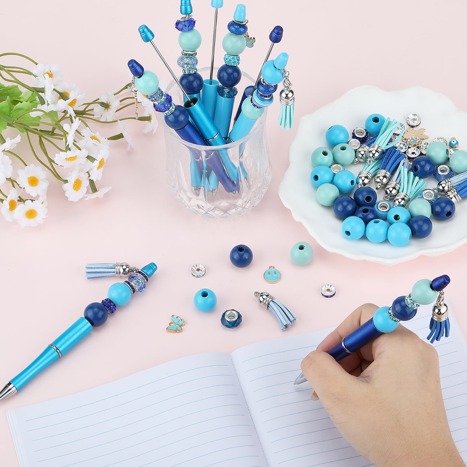 HUAAPLEVLA 12pcs DIY Beadable Pens Bulk Pens for Beads Beaded Pen Kit for Students Teacher Office Supplies DIY Making Gifts(Blue)