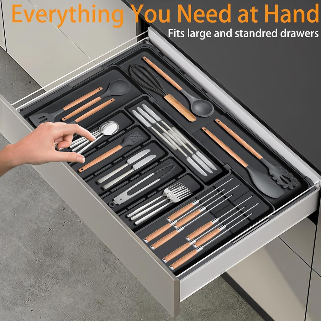 Oillase Silverware Organizer - Expandable Large Kitchen Drawer Organizer Utensil Organizer with 2 Removable Knife Blocks, 22"x 19"Cutlery Tray Drawer Dividers for Kitchen Flatware(6-9 Slots) (Black)