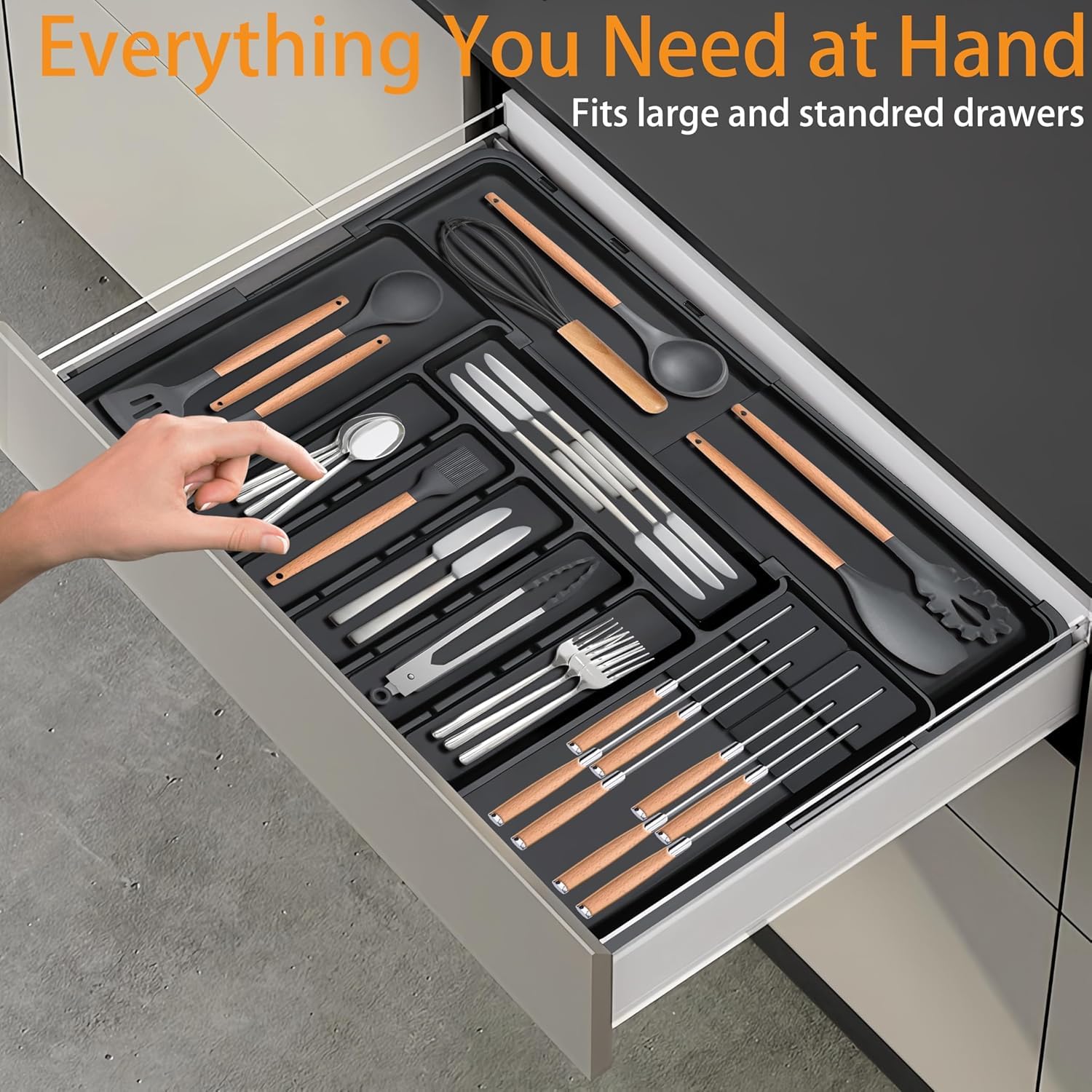 Oillase Silverware Organizer - Expandable Large Kitchen Drawer Organizer Utensil Organizer with 2 Removable Knife Blocks, 22"x 19"Cutlery Tray Drawer Dividers for Kitchen Flatware(6-9 Slots) (Black)