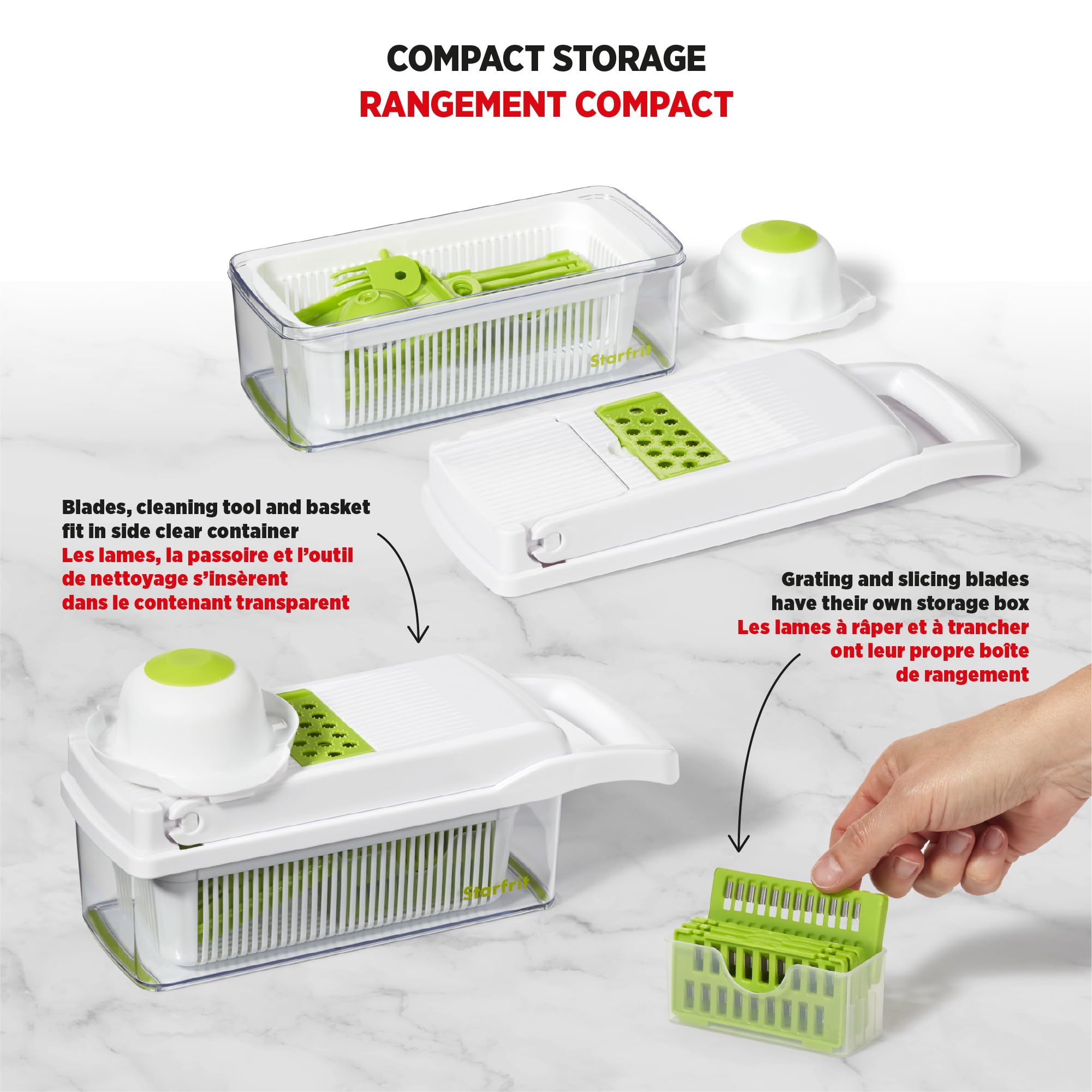Starfrit Veggie Chopper Dicer Grater Slicer – 15-PC - 7 Interchangeable Blades - 9 Functions - Onion Chopper, Potato Slicer, Carrot Grater, Ginger Grater - Draining Basket and Container