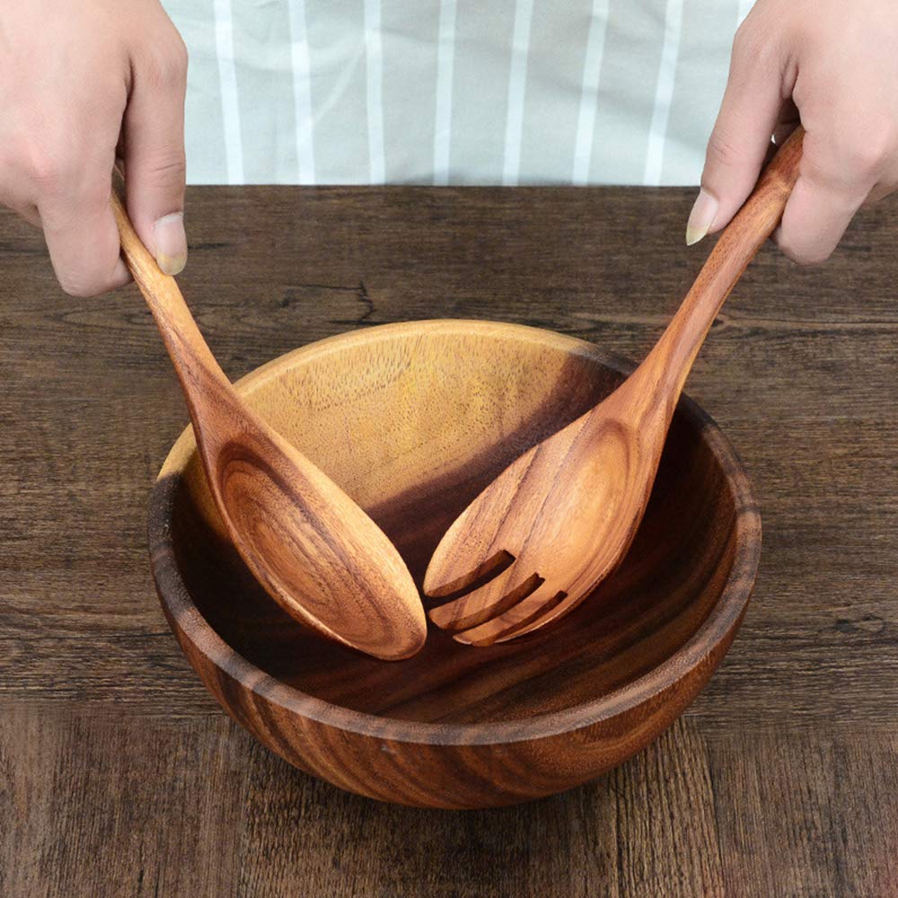 7 Pcs Acacia Wood Cooking Utensils Set Large Wooden Spoons for Cooking Spatula Salad Spoon Salad Fork Slotted Spoon Mixing Spoon Flat Spatula Turner Kitchen Utensils