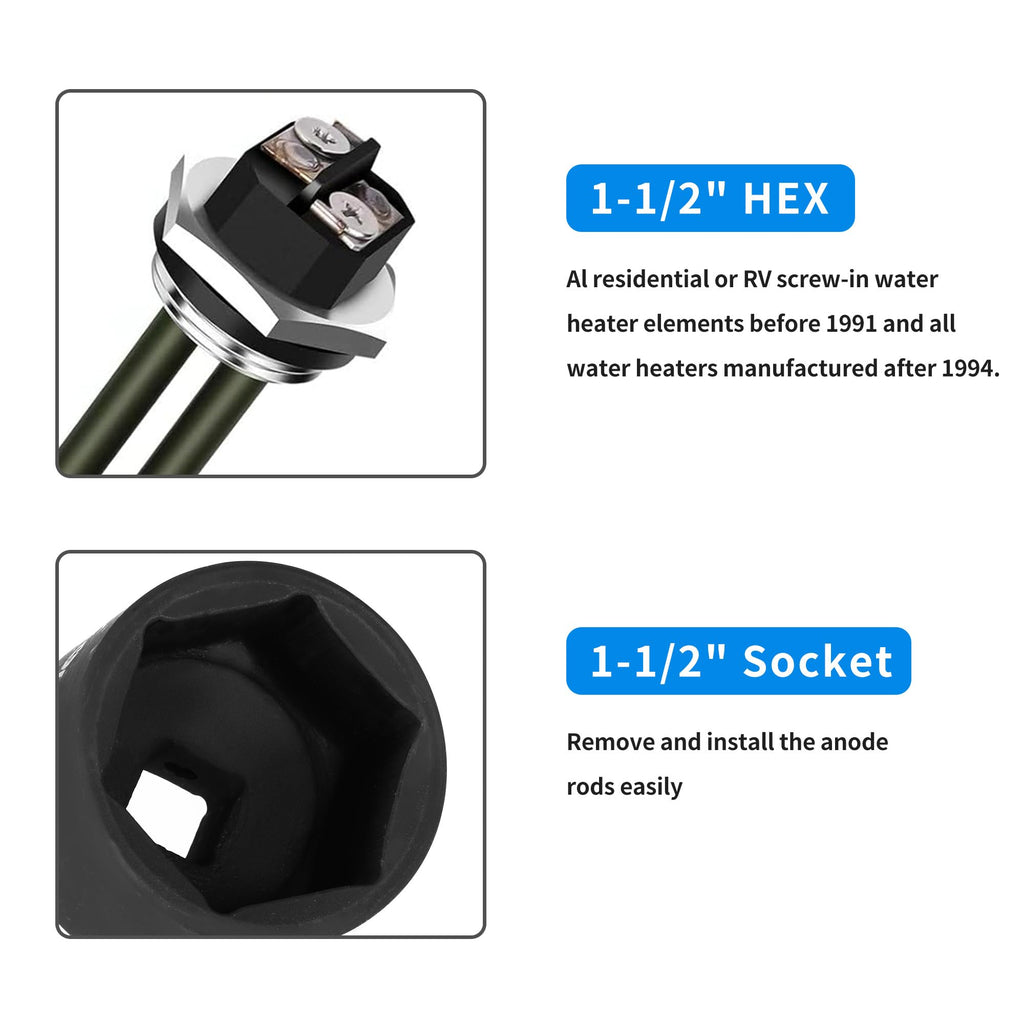1-1/2 Inch Water Heater Element Socket Wrench, 6-Point Design with 1/2-Inch Drive, Ideal for Removing & Replacing All Residential Screw-in Water Heater Elements, Compatible with Camco, GE and More