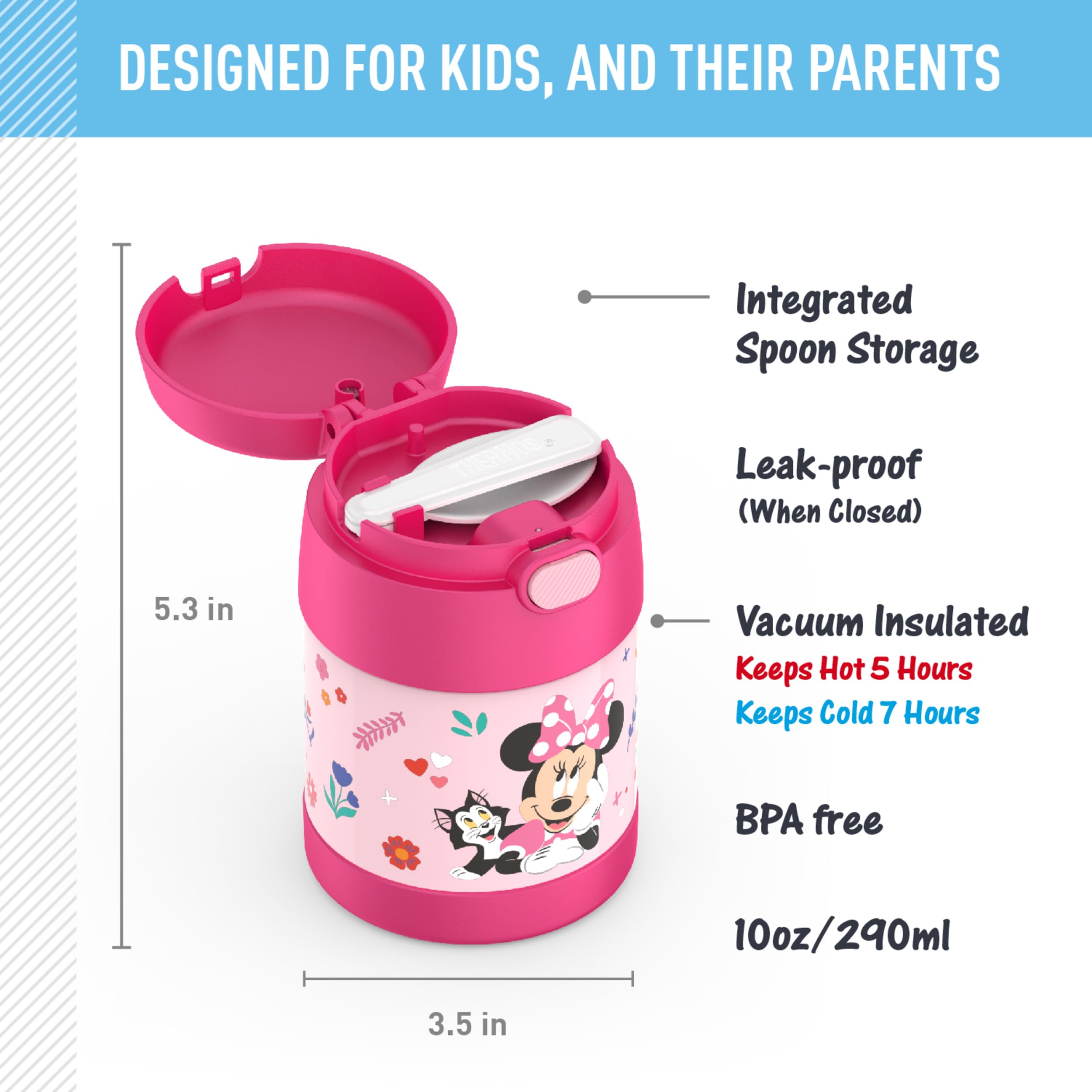 THERMOS FUNTAINER 10 Ounce Stainless Steel Vacuum Insulated Kids Food Jar with Spoon, Minnie Mouse