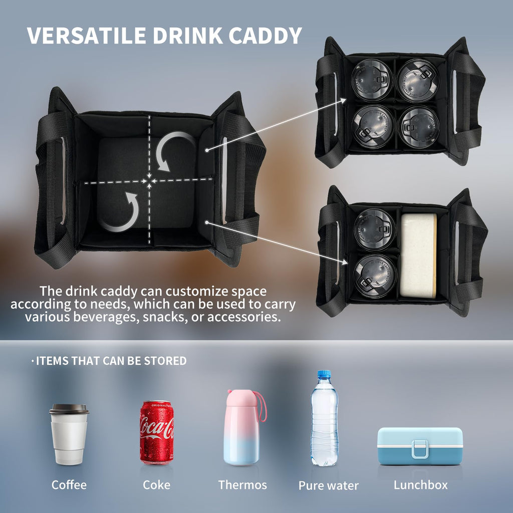 NENYX Reusable 4 Cup Drink Carrier with Handle and Adjustable Dividers, Insulated Caddy for Take Out, Foldable Coffee Cup Holder for Hot & Cold Drinks (Black)