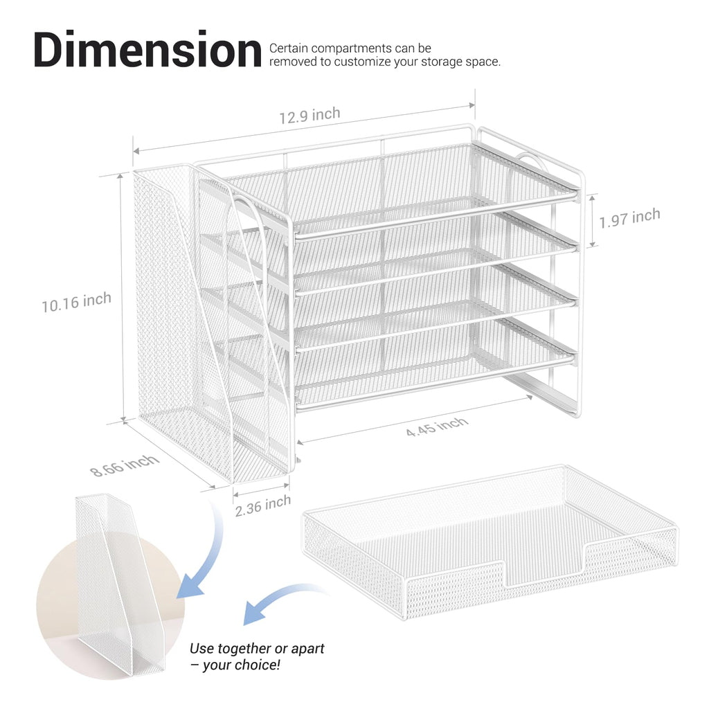 Gugsey Desk Organizer with File Holder, Organisateur et Accessoire de Bureau, 5-Tier Paper Letter Tray with Drawer and Pen Holder, Desktop Office Accessories for School, Home, Office Supplies (White)