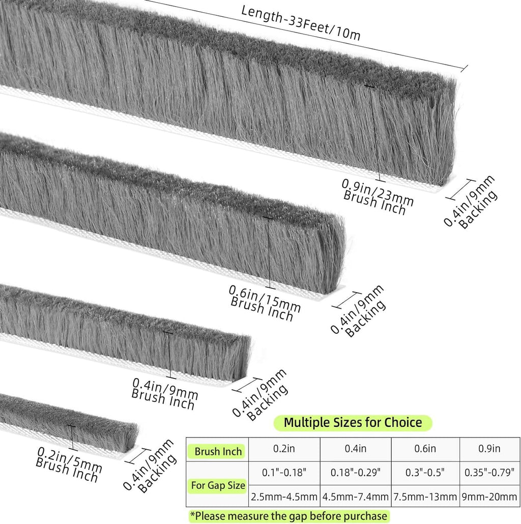 MILEQEE Weather Stripping Sealing Tape, 33Feet Door Seal Brush Strip, Window Felt Pile Weatherstrips Winter, Draft Blocker for Sliding Doors, Self Adhesive, Dust Noise Stopper Soundproofing, 10m Grey