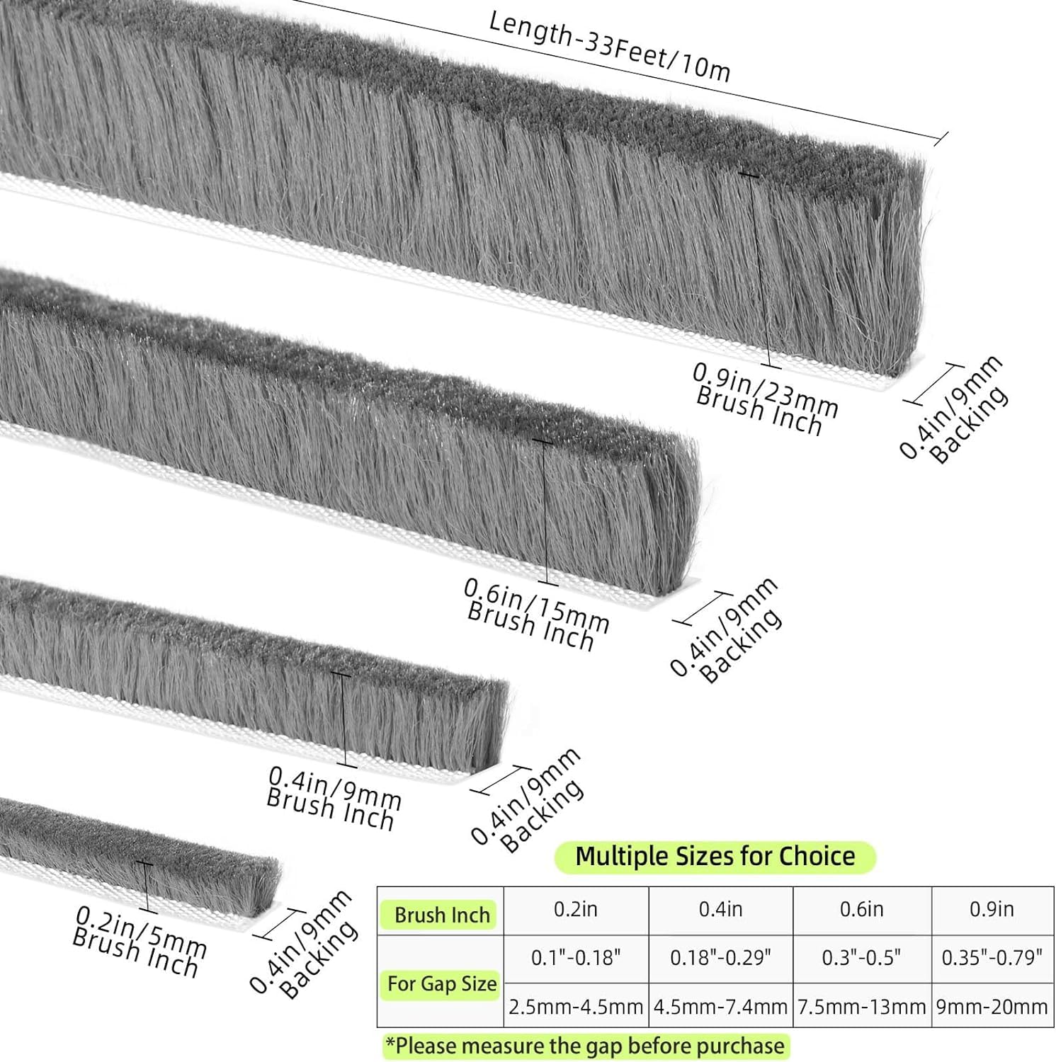 MILEQEE Weather Stripping Sealing Tape, 33Feet Door Seal Brush Strip, Window Felt Pile Weatherstrips Winter, Draft Blocker for Sliding Doors, Self Adhesive, Dust Noise Stopper Soundproofing, 10m Grey