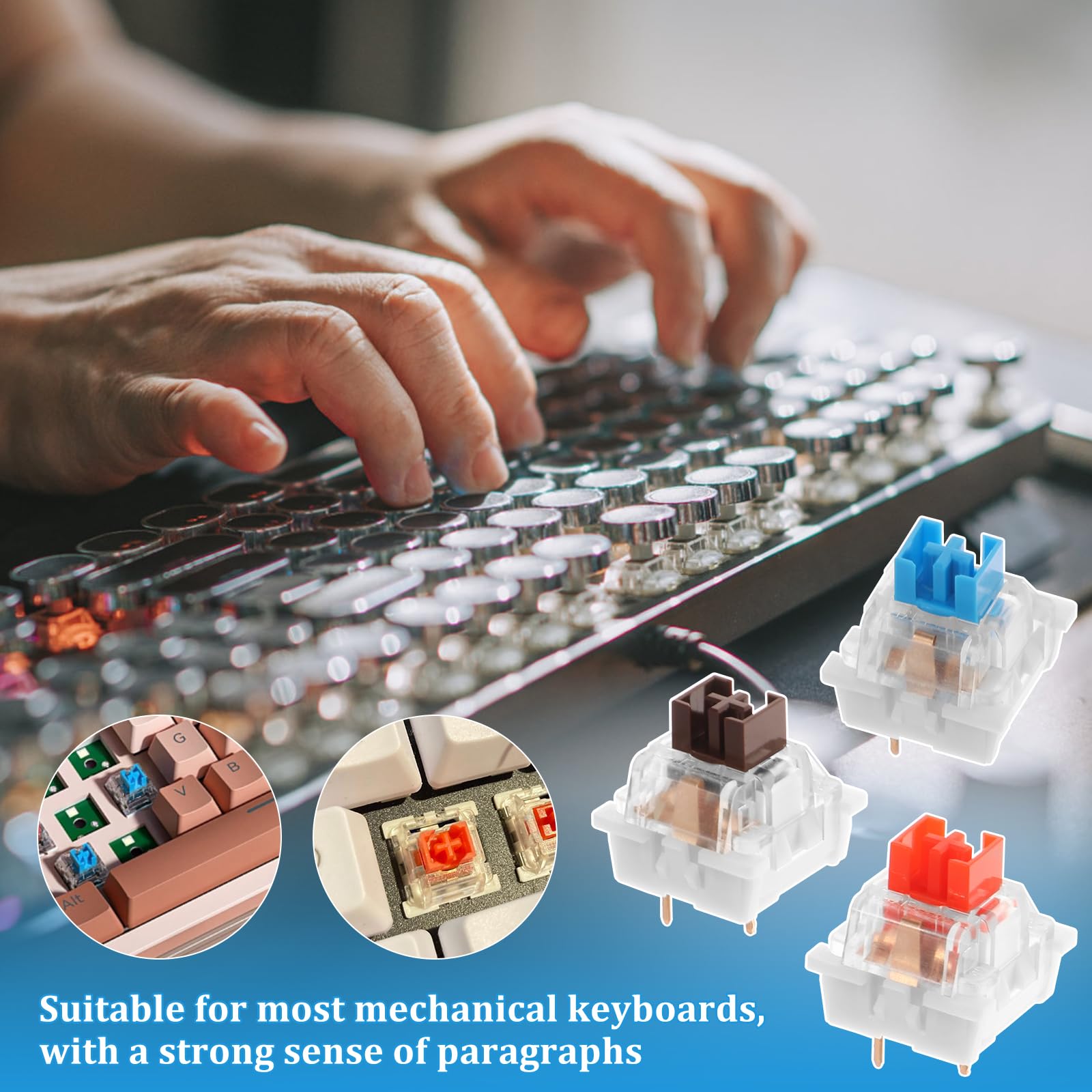 Tzdxfgl 150 PCS Mechanical Keyboard Switches, 3 PIN Blue Red Brown Tactile Switches, Dustproof Clicky Switch, Keyboard Clicker Keys Replacement for Mechanical Gaming Keyboards and Typing