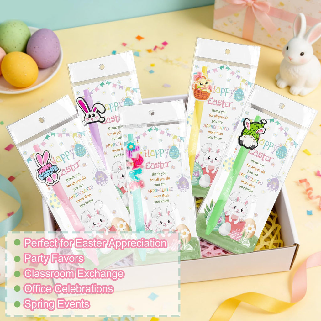 UgyDuky 30Pcs Easter Party Favors Pens with Bunny & Egg Toppers, Happy Easter Printed Ballpoint Pens, Spring Holiday Writing Pens with Thank You Cards, Office & Classmates Gift Exchanges
