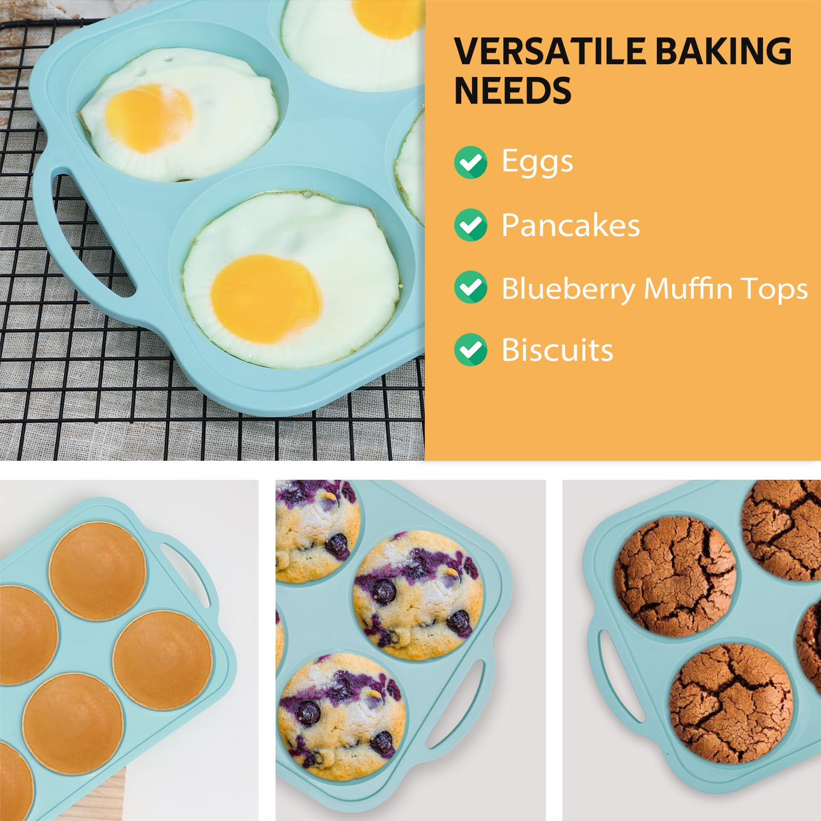 Nonstick Silicone Muffin Top Pan: 4 Inch Jumbo Silicone Egg Molds with Metal Frame for Baking Breakfast Sandwiches/English Muffins Egg Bites Hamburger Buns - for Oven Housewife (Beige& Mint Green)
