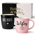 Triple Gifffted Hubby and Wifey Coffee Mugs Set, Mr and Mrs Couples Gift for Wedding, Anniversary, Engagement, Valentines, Christmas Day, His Hers Present for Husband Wife, Newlyweds, 13oz Ceramic