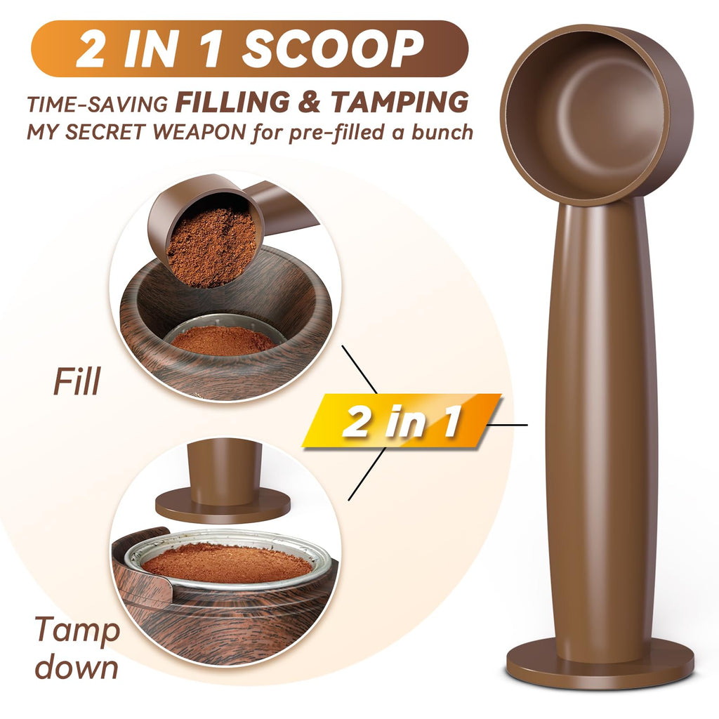 Reusable Vertuo Pod Refill Kit for Nespresso: Reusable Vertuo Capsule for Nespresso/Coffee Pods Vertuoline with 100 Aluminum Foil Lids for Any Size of Vertuo Plus Espresso Pod- Wood Grain Holder
