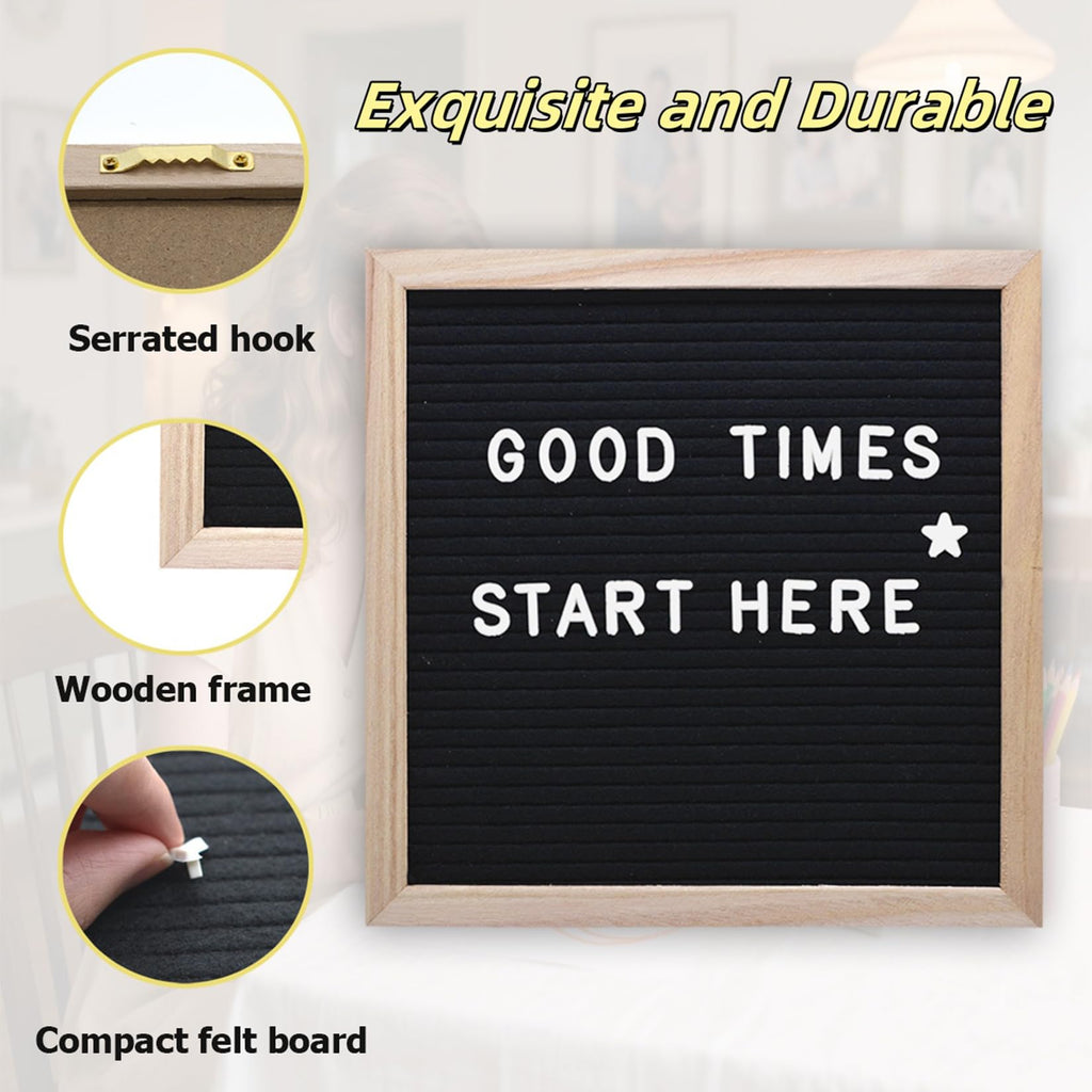 Felt Letter Board with 336 Letters Numbers & Symbols, First Day of School Board, 10x10 Inches, Changeable Message Board with Wooden Frame Wall Mount Hook (Black)